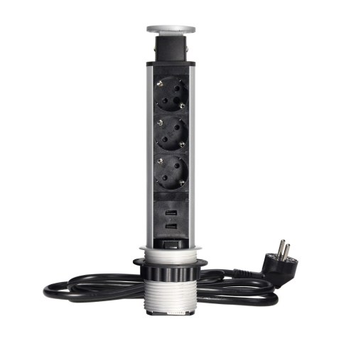Gniazdo meblowe ?6cm wysuwane z blatu z ładowarką USB, blokadą i przewodem 1,8m, 3x2P+Z (Schuko), srebrne