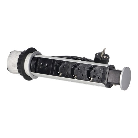 Gniazdo meblowe ?6cm wysuwane z blatu z ładowarką USB, blokadą i przewodem 1,8m, 3x2P+Z (Schuko), srebrne