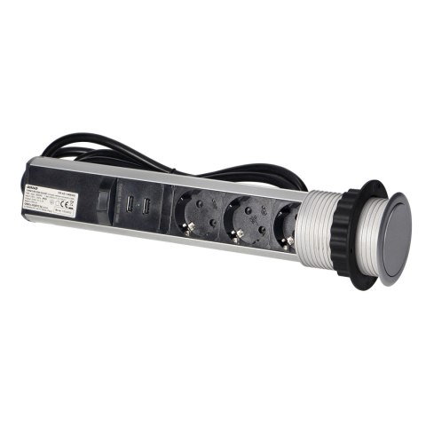 Gniazdo meblowe ?6cm wysuwane z blatu z ładowarką USB, blokadą i przewodem 1,8m, 3x2P+Z (Schuko), srebrne