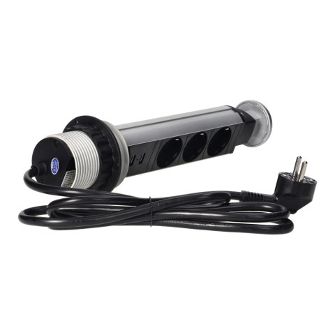 Gniazdo meblowe ?6cm wysuwane z blatu z ładowarką USB, blokadą i przewodem 1,8m, 3x2P+Z (Schuko), srebrne