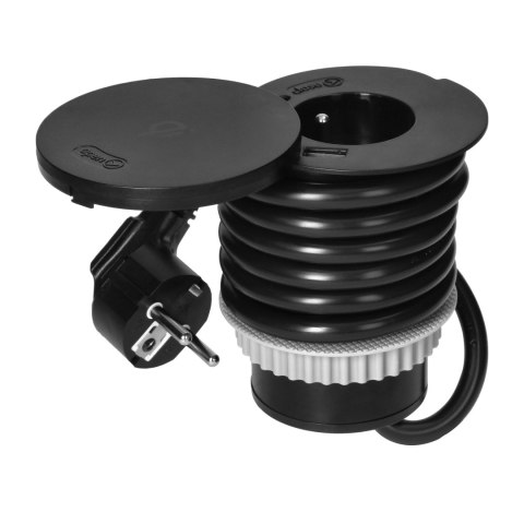 Gniazdo meblowe ?6cm z rotacyjną pokrywą, ładowarką indukcyjną, ładowarką USB i przewodem 1,5m, 1x2P+Z, Qi 1.2.4 max. 10W, 2xUSB