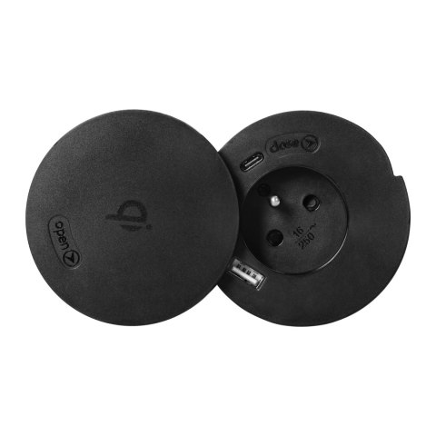 Gniazdo meblowe ?6cm z rotacyjną pokrywą, ładowarką indukcyjną, ładowarką USB i przewodem 1,5m, 1x2P+Z, Qi 1.2.4 max. 10W, 2xUSB