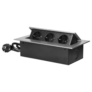 Gniazdo meblowe wpuszczane w blat z płaskim rantem, 3 gniazdami 2P+Z (Schuko) oraz przewodem 1,5m (3x1,5mm?), srebrne