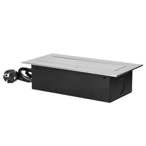 Gniazdo meblowe wpuszczane w blat z płaskim rantem, 3 gniazdami 2P+Z (Schuko) oraz przewodem 1,5m (3x1,5mm?), srebrne