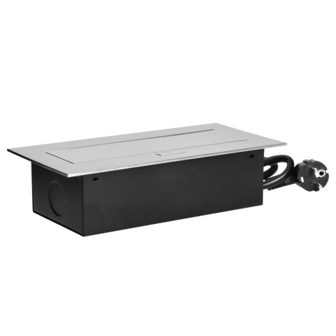 Gniazdo meblowe wpuszczane w blat z płaskim rantem, 3 gniazdami 2P+Z (Schuko) oraz przewodem 1,5m (3x1,5mm?), srebrne
