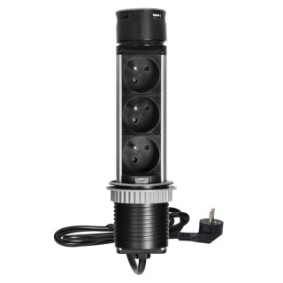 Wpuszczane gniazdo meblowe ?6cm z ładowarką USB i przewodem 1,5m, 3x2P+Z, 2xUSB (typ A i typ C), INOX