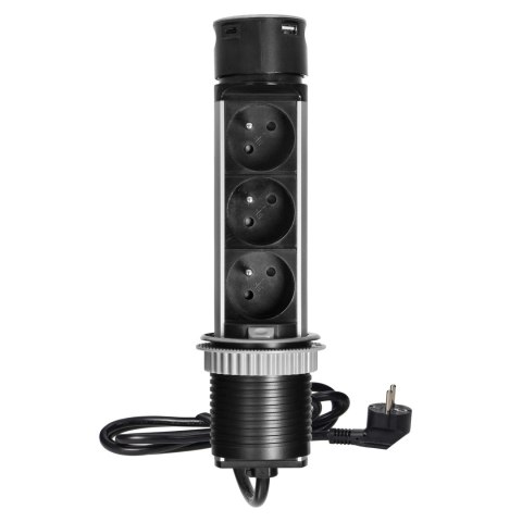 Wpuszczane gniazdo meblowe ?6cm z ładowarką USB i przewodem 1,5m, 3x2P+Z, 2xUSB (typ A i typ C), INOX