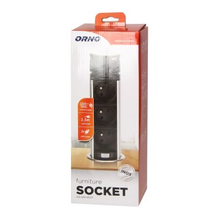 Wpuszczane gniazdo meblowe ?6cm z ładowarką USB i przewodem 1,5m, 3x2P+Z, 2xUSB (typ A i typ C), INOX