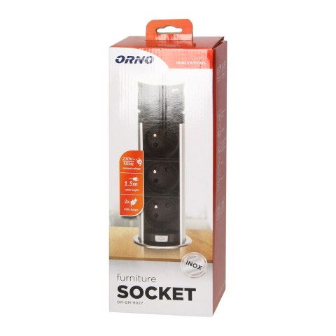 Wpuszczane gniazdo meblowe ?6cm z ładowarką USB i przewodem 1,5m, 3x2P+Z, 2xUSB (typ A i typ C), INOX