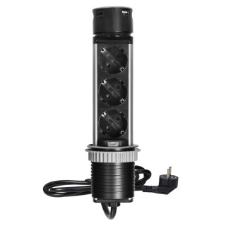 Wpuszczane gniazdo meblowe ?6cm z ładowarką USB i przewodem 1,5m, 3x2P+Z (Schuko), 2xUSB (typ A i typ C), INOX