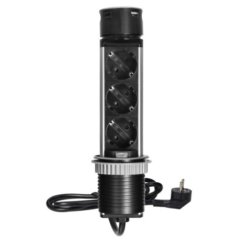 Wpuszczane gniazdo meblowe ?6cm z ładowarką USB i przewodem 1,5m, 3x2P+Z (Schuko), 2xUSB (typ A i typ C), INOX