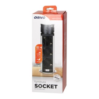 Wpuszczane gniazdo meblowe ?6cm z ładowarką USB i przewodem 1,5m, 3x2P+Z (Schuko), 2xUSB (typ A i typ C), INOX