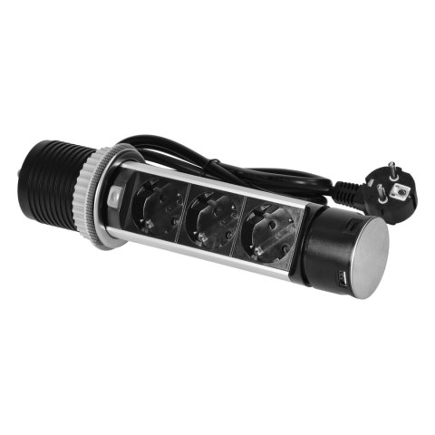 Wpuszczane gniazdo meblowe ?6cm z ładowarką USB i przewodem 1,5m, 3x2P+Z (Schuko), 2xUSB (typ A i typ C), INOX