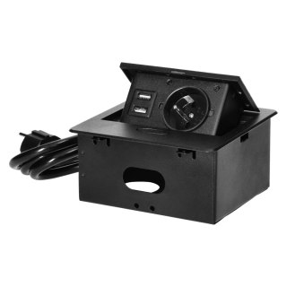 Wpuszczane gniazdo meblowe z ładowarką USB i przewodem 1,5m, 1x2P+Z, 2xUSB (typ A, 2,1A), płaski rant frezowany, czarny
