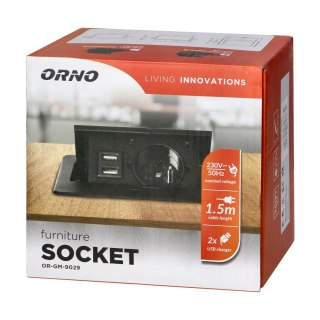 Wpuszczane gniazdo meblowe z ładowarką USB i przewodem 1,5m, 1x2P+Z, 2xUSB (typ A, 2,1A), płaski rant frezowany, czarny