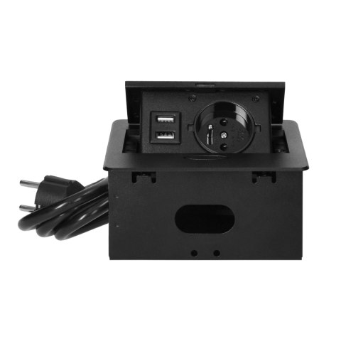 Wpuszczane gniazdo meblowe z ładowarką USB i przewodem 1,5m, 1x2P+Z, 2xUSB (typ A, 2,1A), płaski rant frezowany, czarny