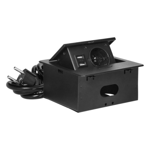 Wpuszczane gniazdo meblowe z ładowarką USB i przewodem 1,5m, 1x2P+Z, 2xUSB (typ A, 2,1A), płaski rant frezowany, czarny