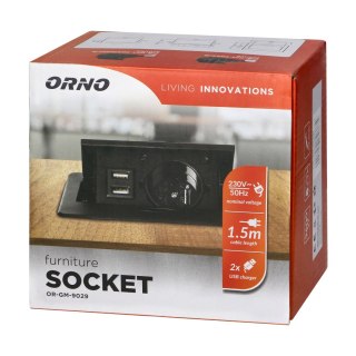 Wpuszczane gniazdo meblowe z ładowarką USB i przewodem 1,5m, 1x2P+Z Schuko, 2xUSB (typ A, 2,1A), płaski rant frezowany, czarny