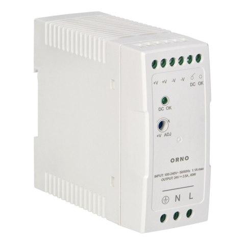 Zasilacz przemysłowy, na szynę DIN, 24VDC, 2,5A, 60W, w plastikowej obudowie