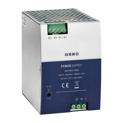 Zasilacz przemysłowy, na szynę DIN, 24VDC, 20A, 480W, w metalowej obudowie
