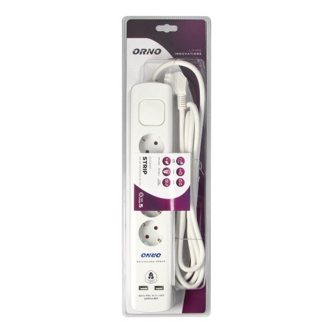 Listwa przeciwprzepięciowa, 4 gniazda 2P+Z (Schuko), kabel 3x1,0mm2, 3m, z wyłącznikiem podświetlanym dwutorowym. 16A/230 VAC, O