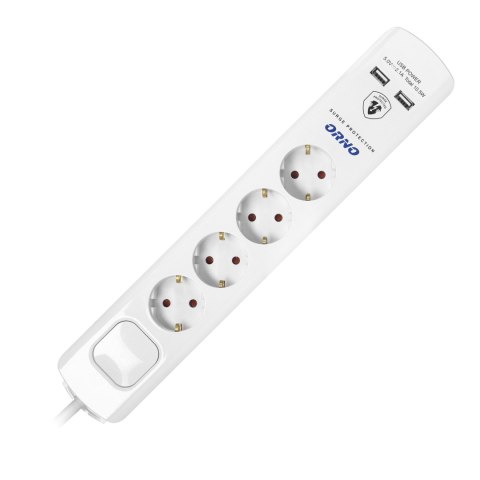 Listwa przeciwprzepięciowa, 4 gniazda 2P+Z (Schuko), kabel 3x1,0mm2, 3m, z wyłącznikiem podświetlanym dwutorowym. 16A/230 VAC, O