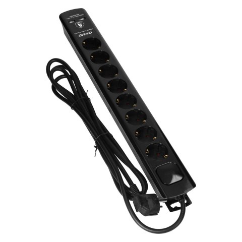 Listwa przeciwprzepięciowa, 8 gniazd 2P+Z (Schuko), kabel 3x1,5mm2, 3m, z wyłącznikiem podświetlanym dwutorowym. 16A/230 VAC, Oc