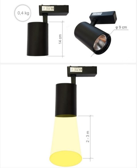 Lampa sklepowa led reflektor szynowy jednofazowy czarny 30w 2250 lm światło zimne 6000k