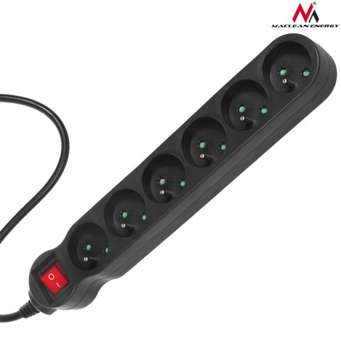 Listwa zasilająca Maclean, przedłużacz 6 gniazd, z wyłącznikiem, czarny, 2300W, 3m, MCE187