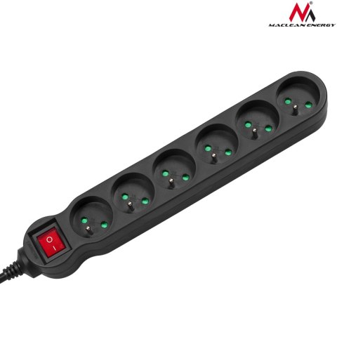Listwa zasilająca Maclean, przedłużacz 6 gniazd, z wyłącznikiem, czarny, 2300W, 3m, MCE187