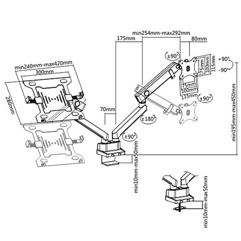 Uchwyt Maclean, Biurkowy podwójny, Do monitora i laptopa, Vesa 75x75 100x100, 17"-32", 2x8kg, MC-813