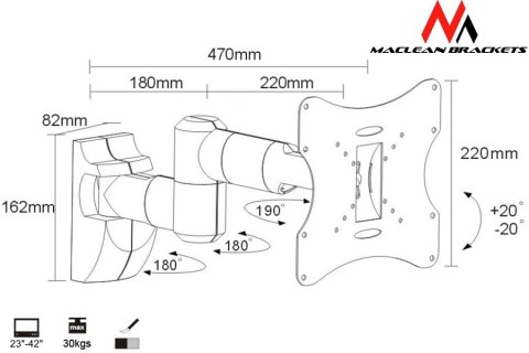 Uchwyt do telewizora lub monitora Maclean, uniwersalny, max VESA 200x200, 23-50", 30 kg, srebrny, MC-503A S