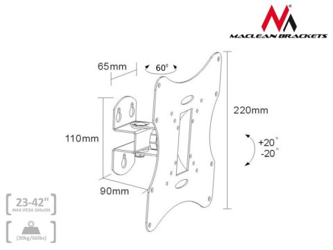 Uchwyt do telewizora lub monitora Maclean, uniwersalny, max VESA 200x200, 23-50", 30kg, czarny, MC-501A B
