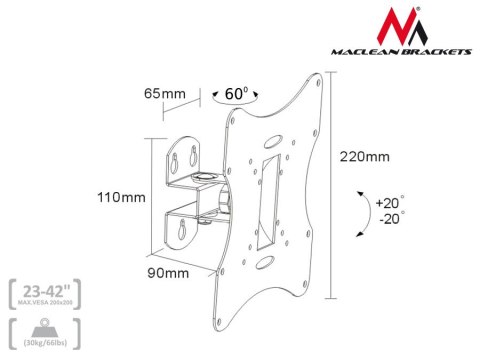 Uchwyt do telewizora lub monitora Maclean, uniwersalny, max VESA 200x200, 23-50" 30kg, srebrny, MC-501A S