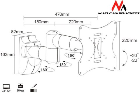 Uchwyt do telewizora lub monitora Maclean, uniwersalny, max vesa 200x200, 13-42", 30 kg, czarny, MC-503A B
