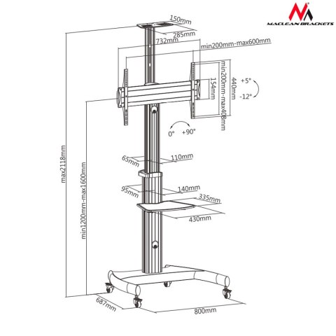 Wózek stand profesjonalny Maclean, aluminiowy, regulowany, do telewizora na kółkach, max VESA 600x400, max 50kg, MC-801