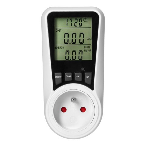 Dwutaryfowy watomierz, kalkulator energii z wyświetlaczem LCD, 2 oddzielne taryfy, wewnętrzny akumulator, 16A 230V