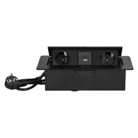 Gniazda meblowe wpuszczane w blat z płaskim frezowanym rantem, ładowarką USB i przewodem 1,5m, 2x2P+Z, 2xUSB (typ A+C; 3,6A), cz