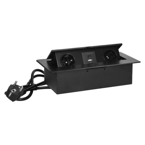 Gniazda meblowe wpuszczane w blat z płaskim frezowanym rantem, ładowarką USB i przewodem 1,5m, 2x2P+Z, 2xUSB (typ A+C; 3,6A), cz