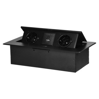 Gniazdo meblowe wpuszczane w blat z płaskim frezowanym rantem i ładowarką USB, 2x2P+Z (Schuko),2x USB (typ A+C; 3,6A), czarne