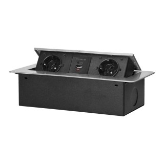 Gniazdo meblowe wpuszczane w blat z płaskim frezowanym rantem i ładowarką USB, 2x2P+Z (Schuko),2x USB (typ A+C; 3,6A), srebrne