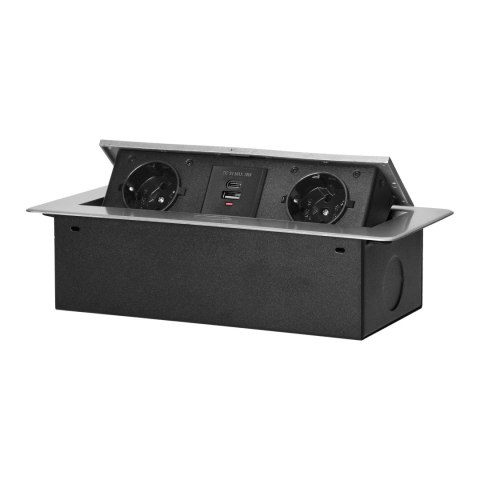 Gniazdo meblowe wpuszczane w blat z płaskim frezowanym rantem i ładowarką USB, 2x2P+Z (Schuko),2x USB (typ A+C; 3,6A), srebrne