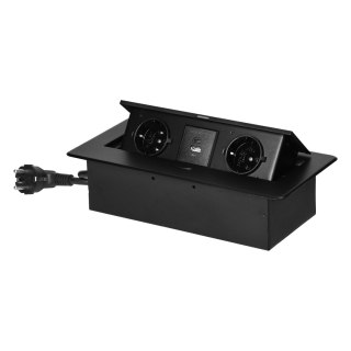 Gniazdo meblowe wpuszczane w blat z płaskim frezowanym rantem, ładowarką USB i przewodem 1,5m, 2x2P+Z (Schuko), 2xUSB (typ A+C; 