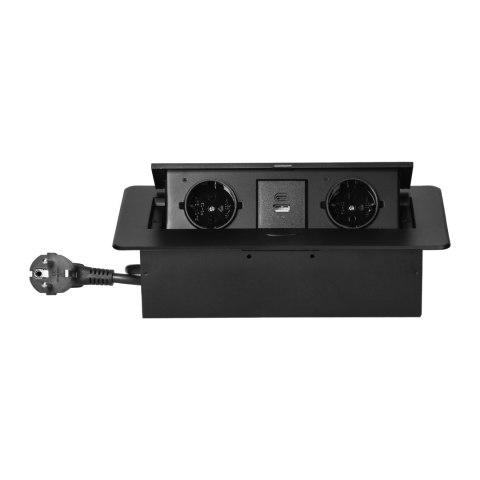 Gniazdo meblowe wpuszczane w blat z płaskim frezowanym rantem, ładowarką USB i przewodem 1,5m, 2x2P+Z (Schuko), 2xUSB (typ A+C; 