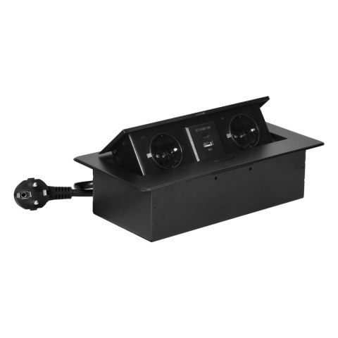 Gniazdo meblowe wpuszczane w blat z płaskim frezowanym rantem, ładowarką USB i przewodem 1,5m, 2x2P+Z (Schuko), 2xUSB (typ A+C; 