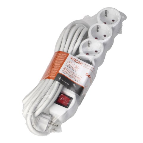 Przedłużacz 5-krotny 2P+Z (Schuko), z wyłącznikiem, 5m H05VV-F 3x1,5mm2, Imax=16A, płaska wtyczka, biały