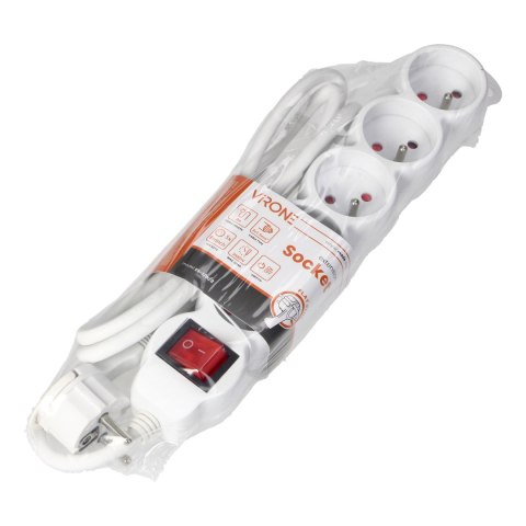 Przedłużacz 5-krotny 2P+Z, z wyłącznikiem, 5m H05VV-F 3x1,5mm2, Imax=16A, płaska wtyczka, biały