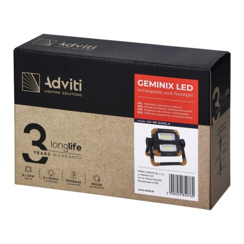 GEMINIX LED 2x10W, naświetlacz roboczy, przenośny z akumulatorem, 1200lm, IP44, 4000K, 5000mAh