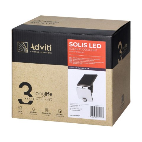 SOLIS LED 10W, naświetlacz solarny z czujnikiem ruchu PIR, 1200lm, IP54, 4000K, 3000 mAh, czarny