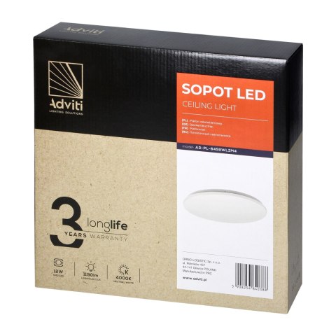 SOPOT LED 12W, plafon oświetleniowy, 1190lm, IP20, 4000K, klosz PVC